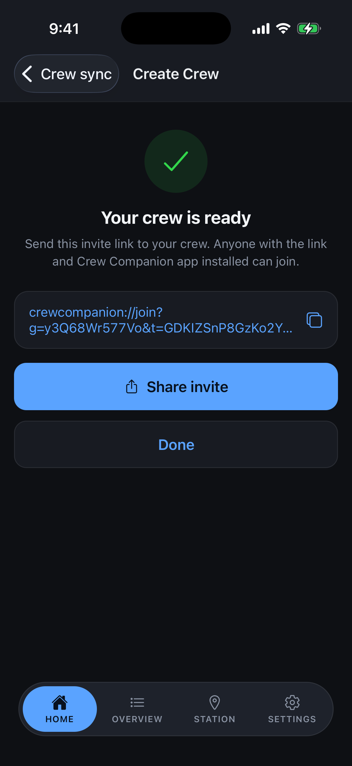 Your crew is ready screen with the invite link and a Share invite button