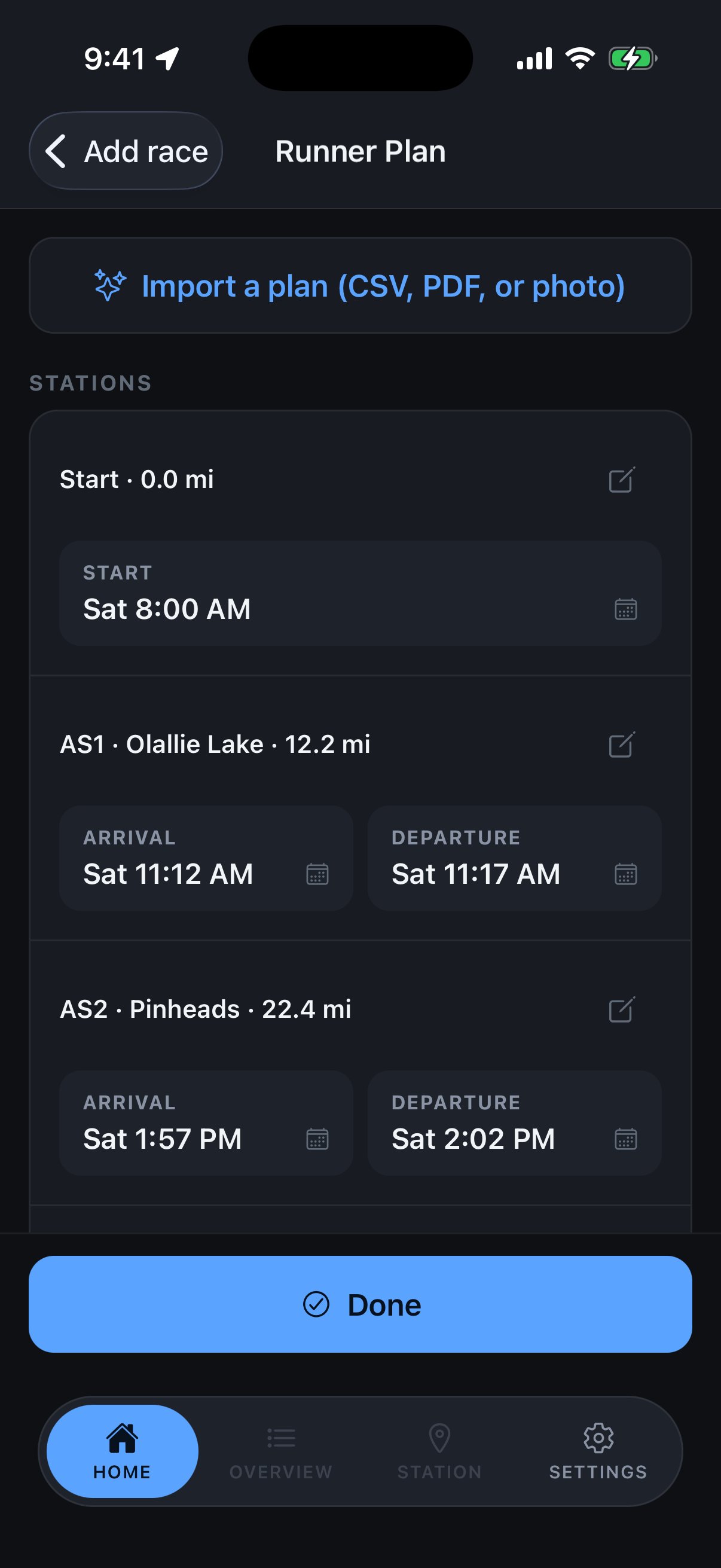 Plan screen with every aid station's planned arrival and departure